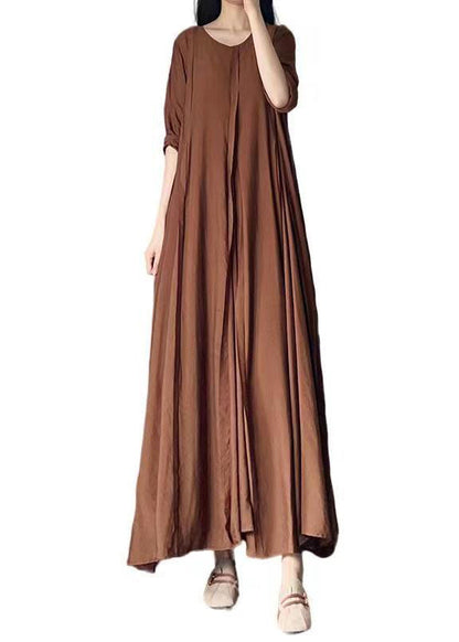 Italian Caramel O Neck Wrinkled Patchwork Cotton Long Dress Fall Ada Fashion