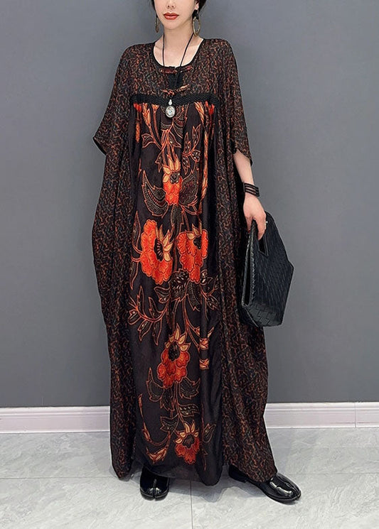 Italian Chocolate Oversized Patchwork Print Silk Maxi Dresses Summer LY0547 - fabuloryshop