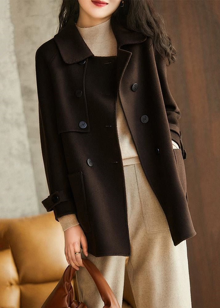 Italian Coffee Double Breast Pockets Patchwork Woolen Coat Fall LY9616 Ada Fashion