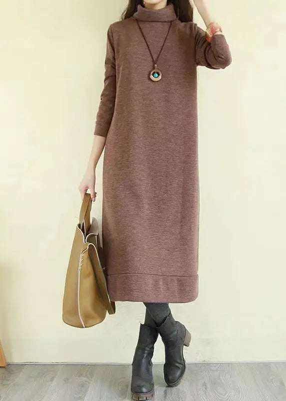 Italian Coffee Hign Neck Patchwork Cotton Long Dress Fall Ada Fashion