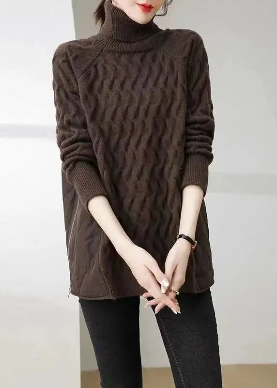 Italian Coffee Hign Neck Zippered Patchwork Knit Sweater Winter Ada Fashion