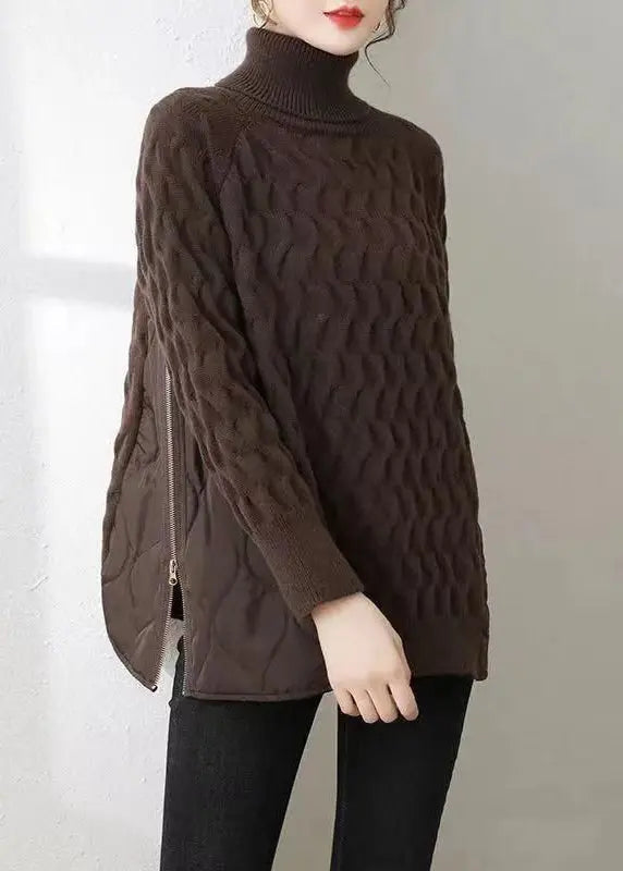 Italian Coffee Hign Neck Zippered Patchwork Knit Sweater Winter Ada Fashion