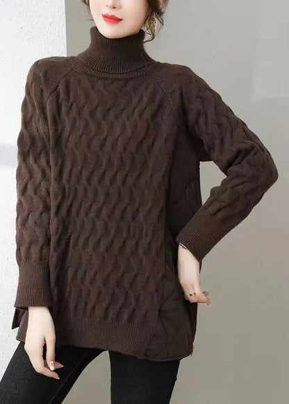 Italian Coffee Hign Neck Zippered Patchwork Knit Sweater Winter Ada Fashion