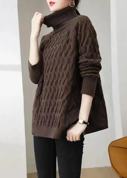 Italian Coffee Hign Neck Zippered Patchwork Knit Sweater Winter Ada Fashion