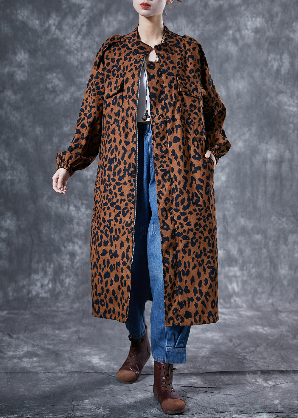 Italian Coffee Oversized Leopard Print Pockets Cotton Trench Coat Spring LY4058 - fabuloryshop