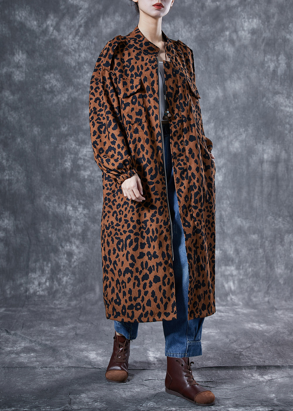 Italian Coffee Oversized Leopard Print Pockets Cotton Trench Coat Spring LY4058 - fabuloryshop