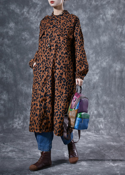 Italian Coffee Oversized Leopard Print Pockets Cotton Trench Coat Spring LY4058 - fabuloryshop