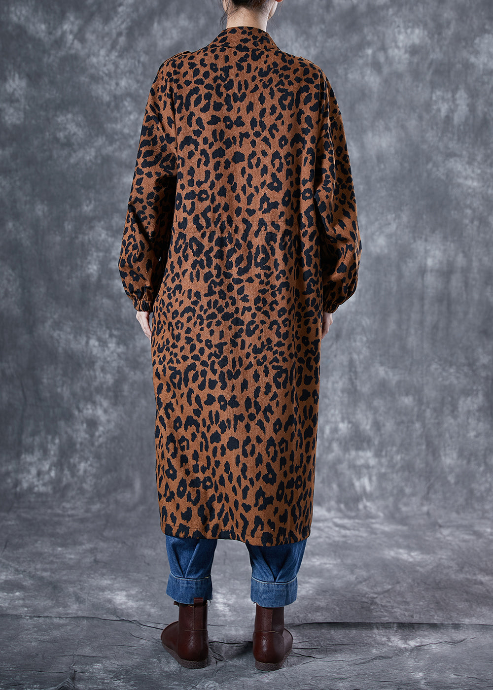 Italian Coffee Oversized Leopard Print Pockets Cotton Trench Coat Spring LY4058 - fabuloryshop