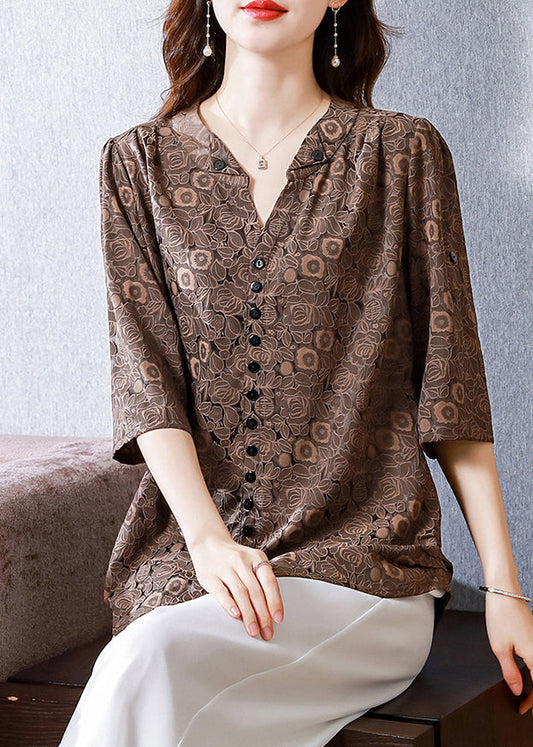 Italian Coffee V Neck Print Button Silk Shirt Half  Sleeve LY0458 - fabuloryshop