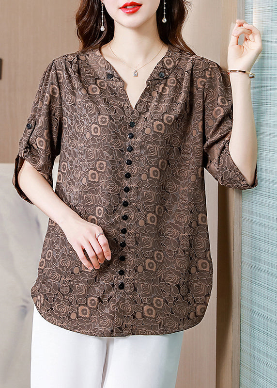 Italian Coffee V Neck Print Button Silk Shirt Half  Sleeve LY0458 - fabuloryshop