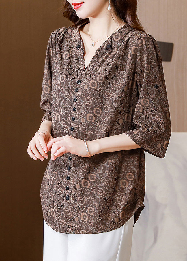 Italian Coffee V Neck Print Button Silk Shirt Half  Sleeve LY0458 - fabuloryshop