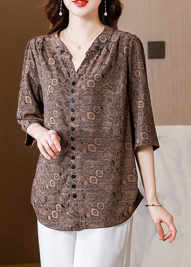 Italian Coffee V Neck Print Button Silk Shirt Half  Sleeve LY0458 - fabuloryshop