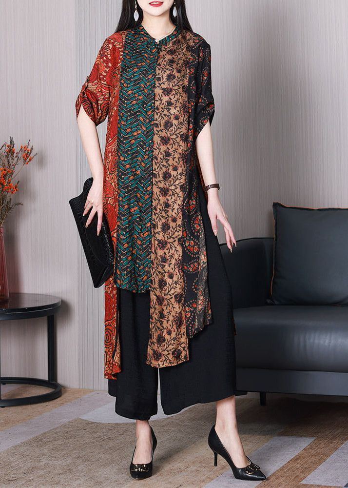 Italian Colorblock Asymmetrical Patchwork Print Silk Two Pieces Set Spring LY3753 - fabuloryshop