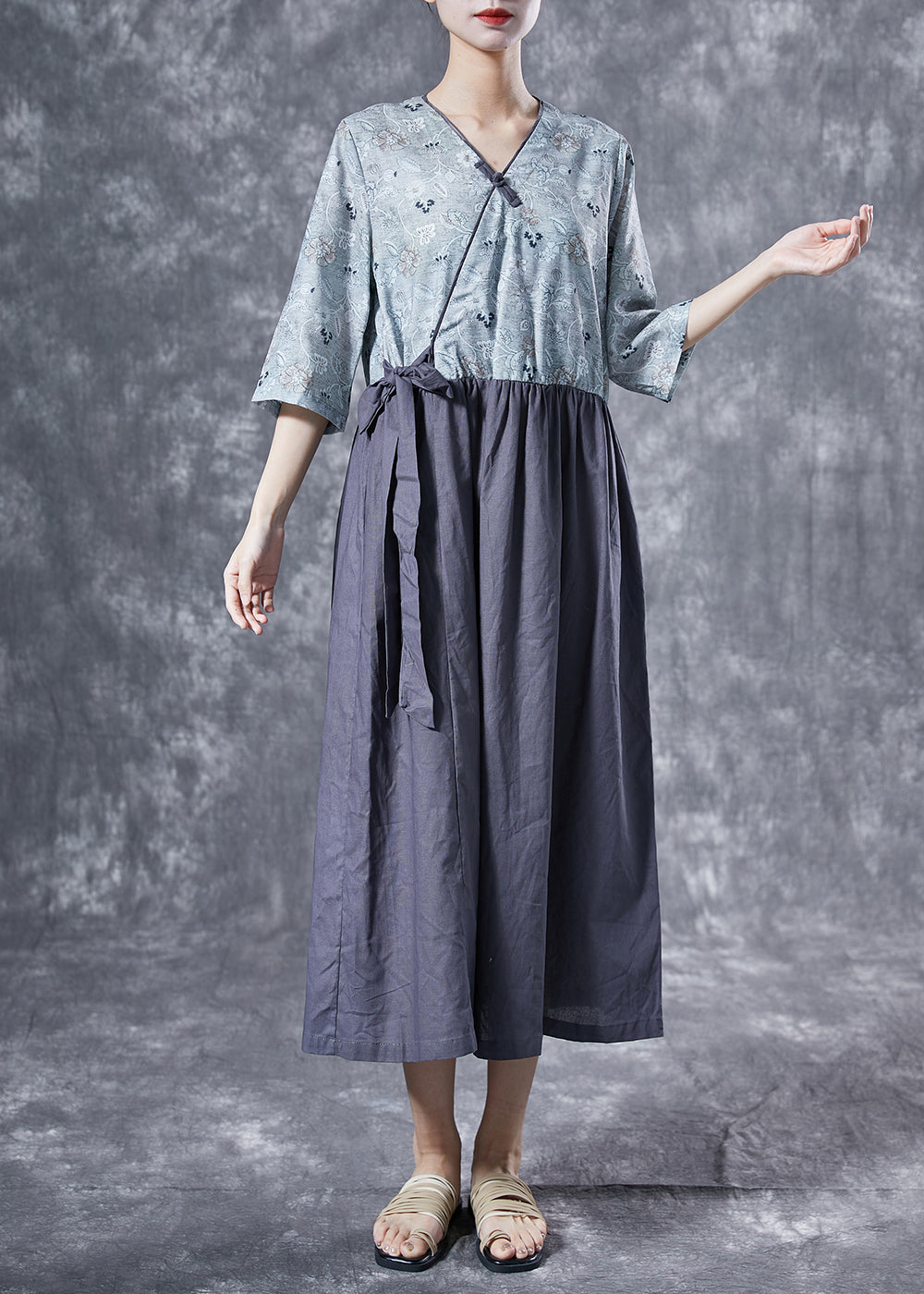 Italian Colorblock V Neck Patchwork Cotton Vacation Dresses Bracelet Sleeve LY4101 - fabuloryshop