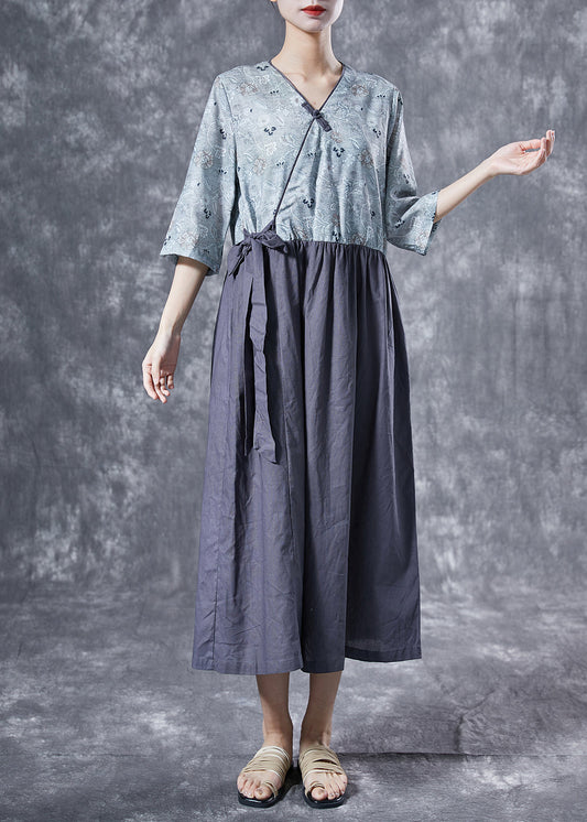 Italian Colorblock V Neck Patchwork Cotton Vacation Dresses Bracelet Sleeve LY4101 - fabuloryshop