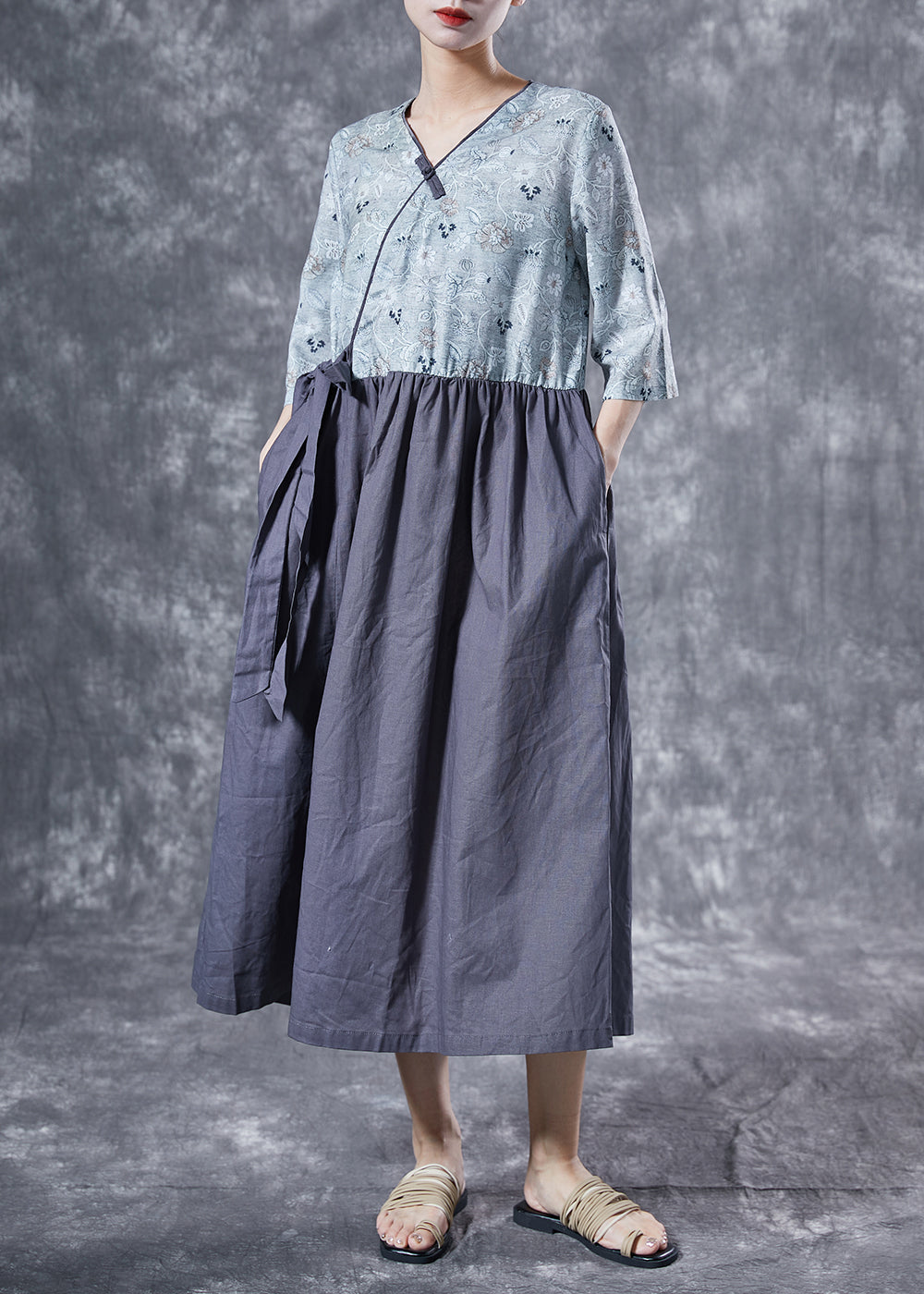 Italian Colorblock V Neck Patchwork Cotton Vacation Dresses Bracelet Sleeve LY4101 - fabuloryshop