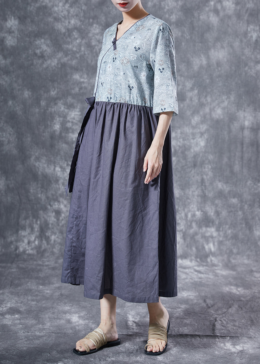 Italian Colorblock V Neck Patchwork Cotton Vacation Dresses Bracelet Sleeve LY4101 - fabuloryshop