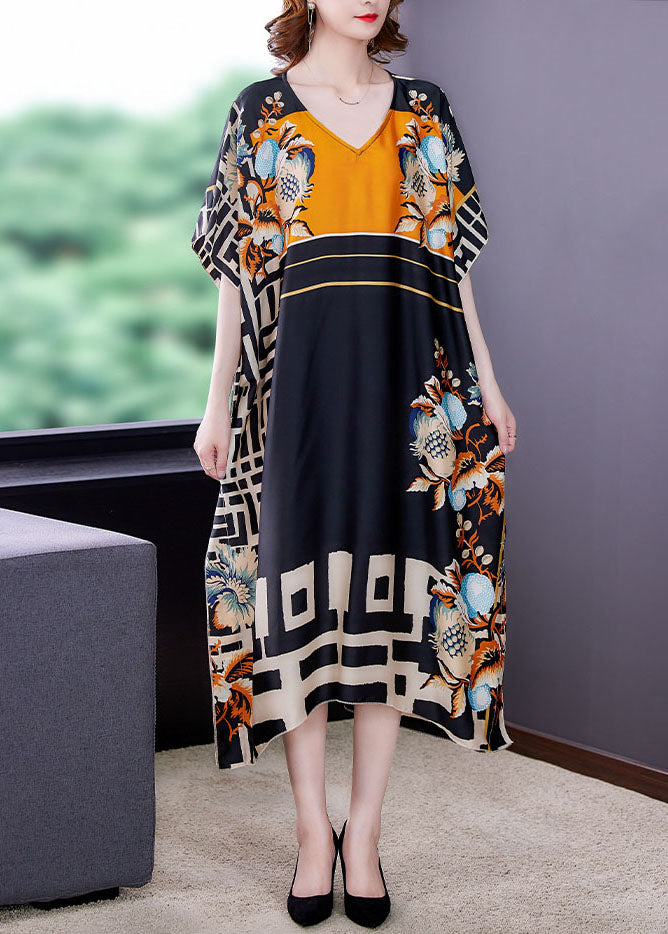 Italian Colorblock V Neck Print Patchwork Loose Silk Dresses Summer Ada Fashion