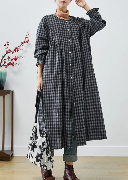 Italian Dark Grey Oversized Plaid Cotton Robe Dresses Fall Ada Fashion