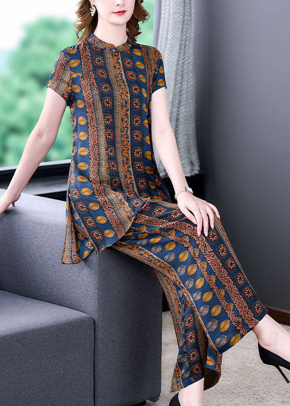 Italian Floral Stand Collar Tops And Pants Patchwork Silk Two Pieces Set Summer LY5965 Ada Fashion