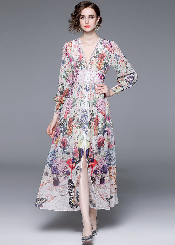 Italian Floral V Neck Front Open Patchwork Chiffon Vacation Dresses Long Sleeve LY7401 - fabuloryshop