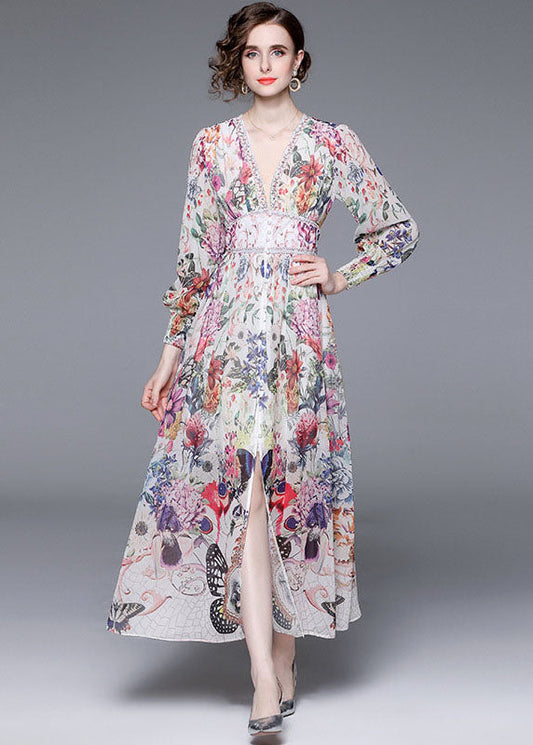 Italian Floral V Neck Front Open Patchwork Chiffon Vacation Dresses Long Sleeve LY7401 - fabuloryshop