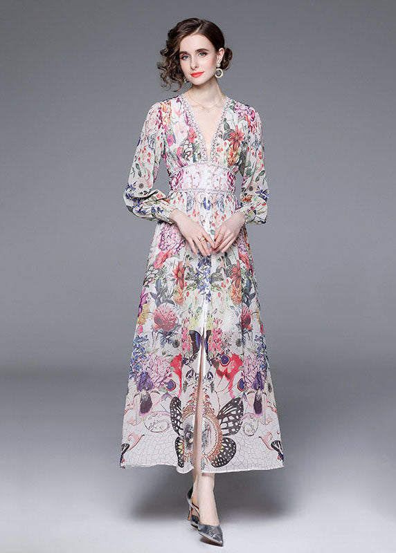 Italian Floral V Neck Front Open Patchwork Chiffon Vacation Dresses Long Sleeve LY7401 - fabuloryshop