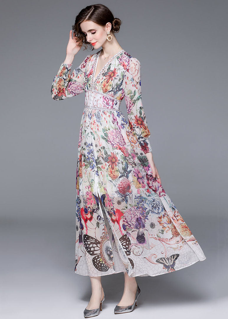 Italian Floral V Neck Front Open Patchwork Chiffon Vacation Dresses Long Sleeve LY7401 - fabuloryshop