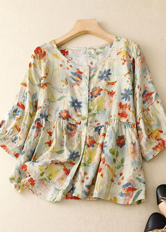 Italian Floral Wrinkled Button Patchwork Linen T Shirts Summer Ada Fashion