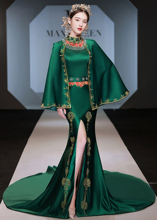 Italian Green Embroideried Front Open Silk Long Dresses Set Fall Ada Fashion