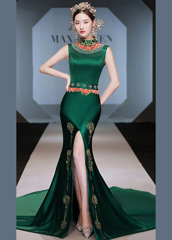 Italian Green Embroideried Front Open Silk Long Dresses Set Fall Ada Fashion