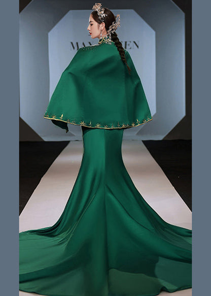 Italian Green Embroideried Front Open Silk Long Dresses Set Fall Ada Fashion