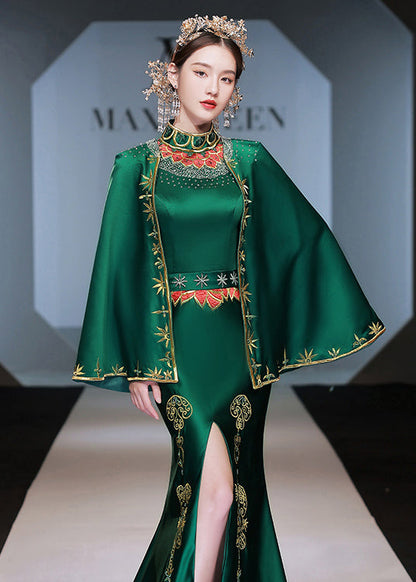 Italian Green Embroideried Front Open Silk Long Dresses Set Fall Ada Fashion