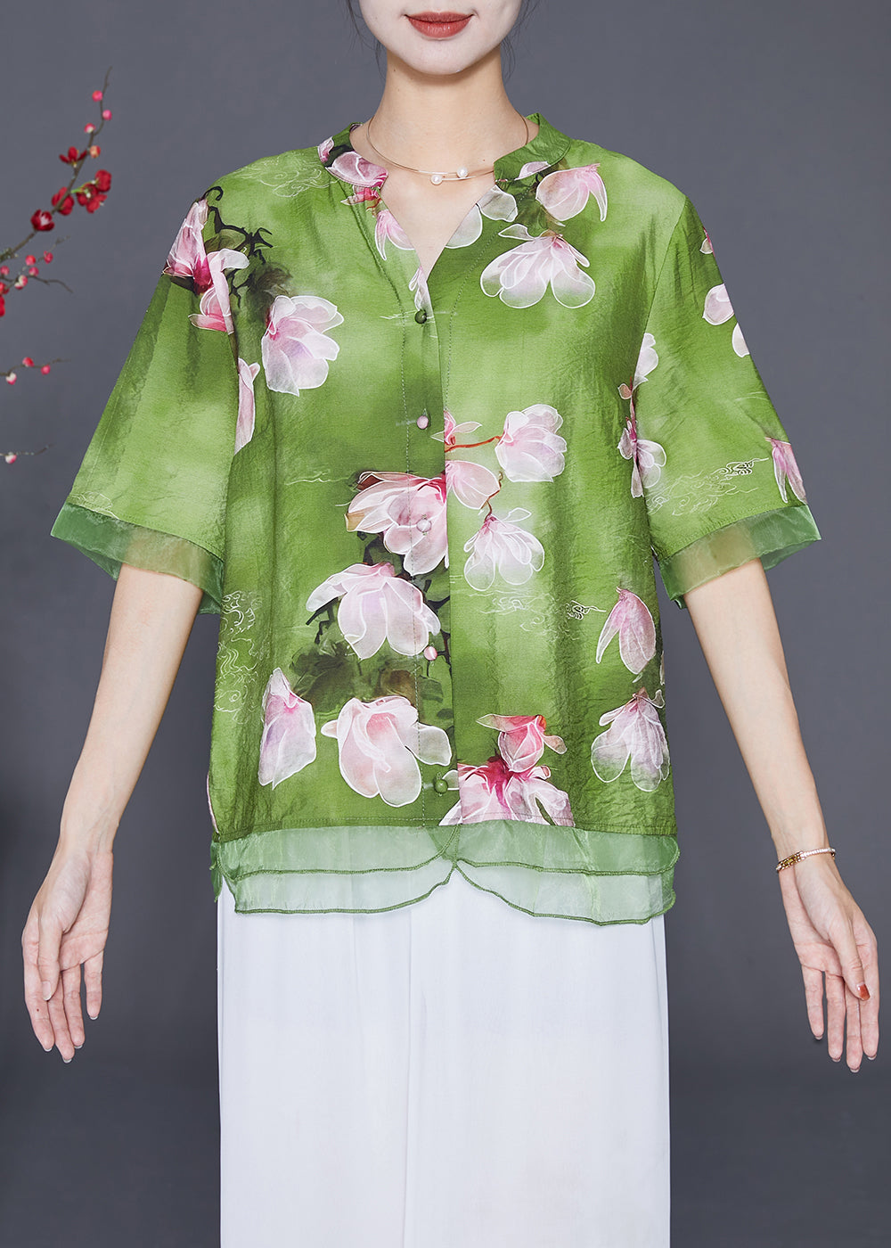 Italian Green Floral Patchwork Organza Linen Silk Shirt Top Half Sleeve Ada Fashion