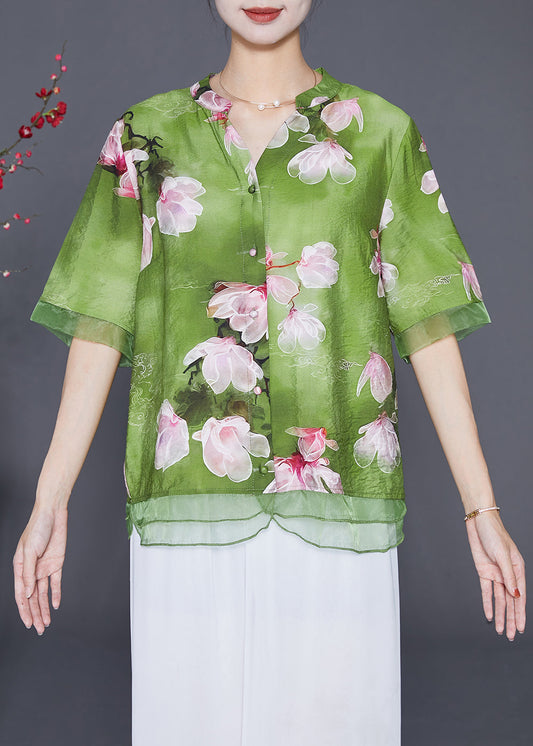 Italian Green Floral Patchwork Organza Linen Silk Shirt Top Half Sleeve Ada Fashion