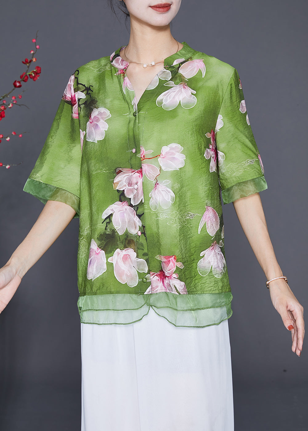 Italian Green Floral Patchwork Organza Linen Silk Shirt Top Half Sleeve Ada Fashion