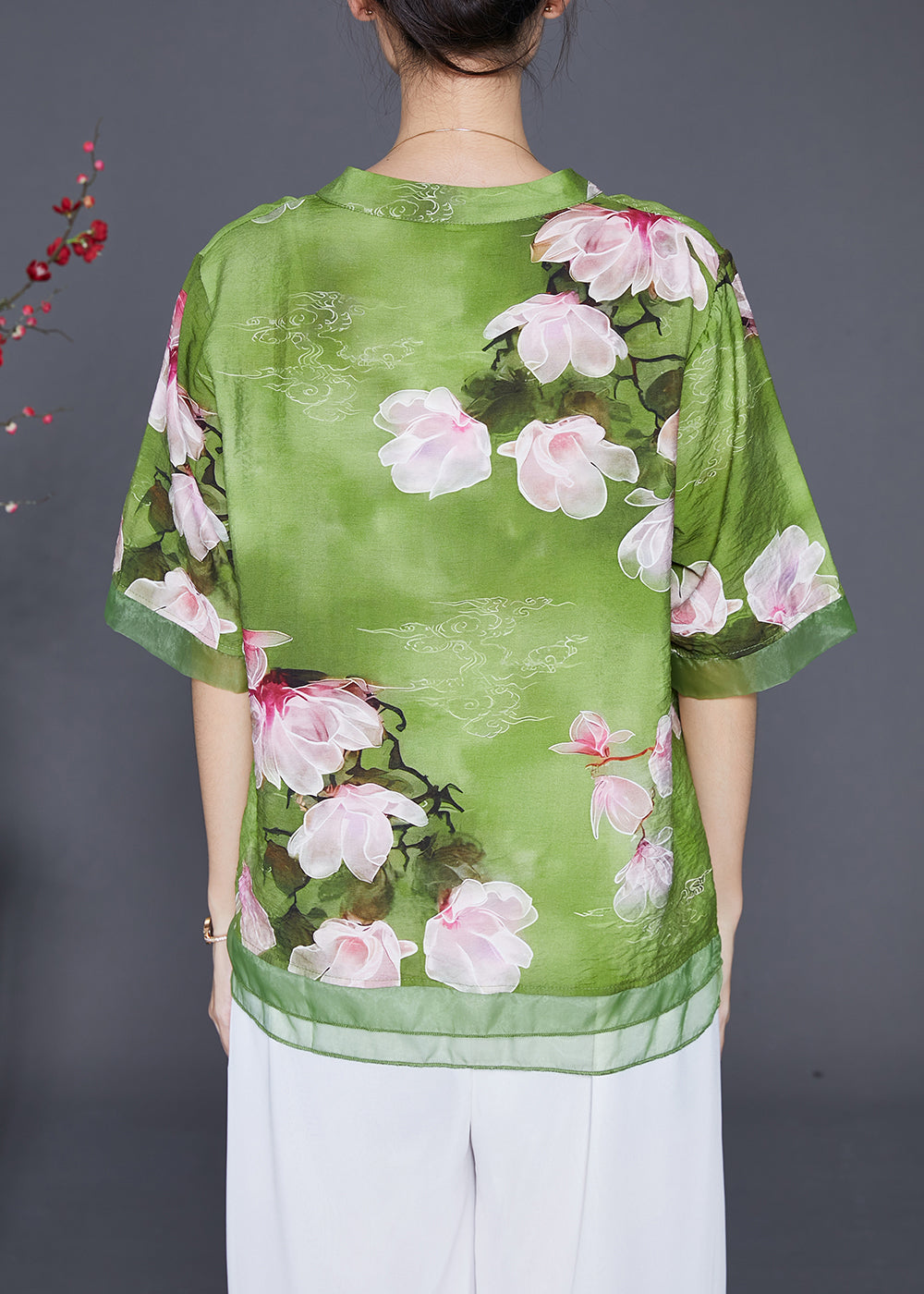Italian Green Floral Patchwork Organza Linen Silk Shirt Top Half Sleeve Ada Fashion