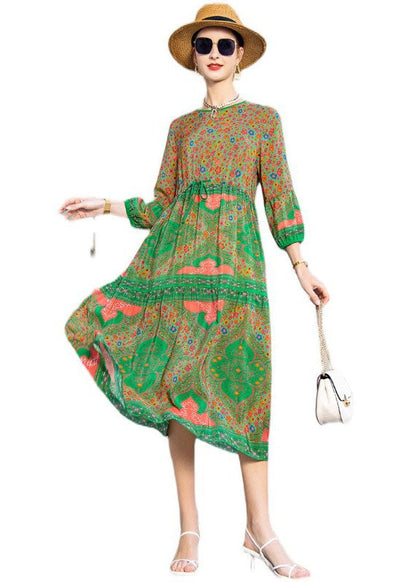 Italian Green O Neck Print Drawstring Patchwork Silk Dress Summer TF1051 - fabuloryshop