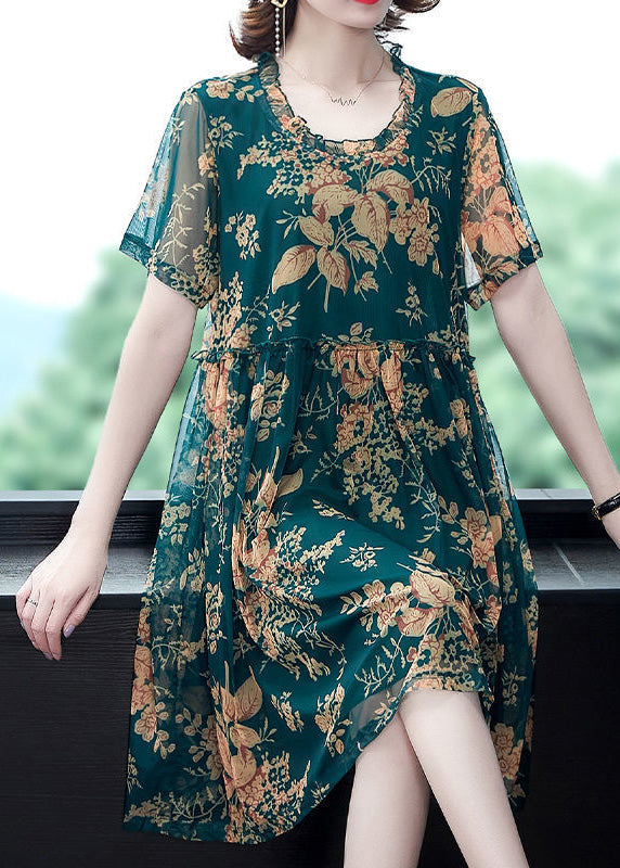 Italian Green O-Neck Print Holiday Long Dress Summer LY1781 - fabuloryshop