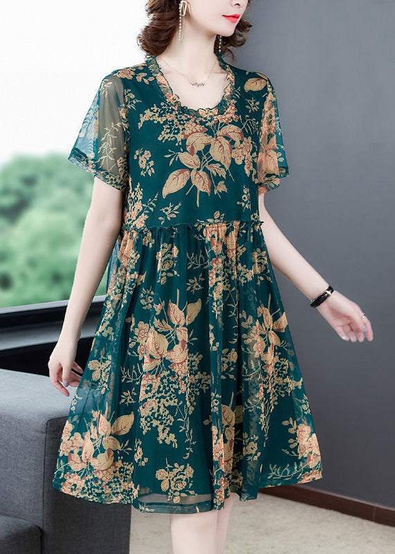 Italian Green O-Neck Print Holiday Long Dress Summer LY1781 - fabuloryshop