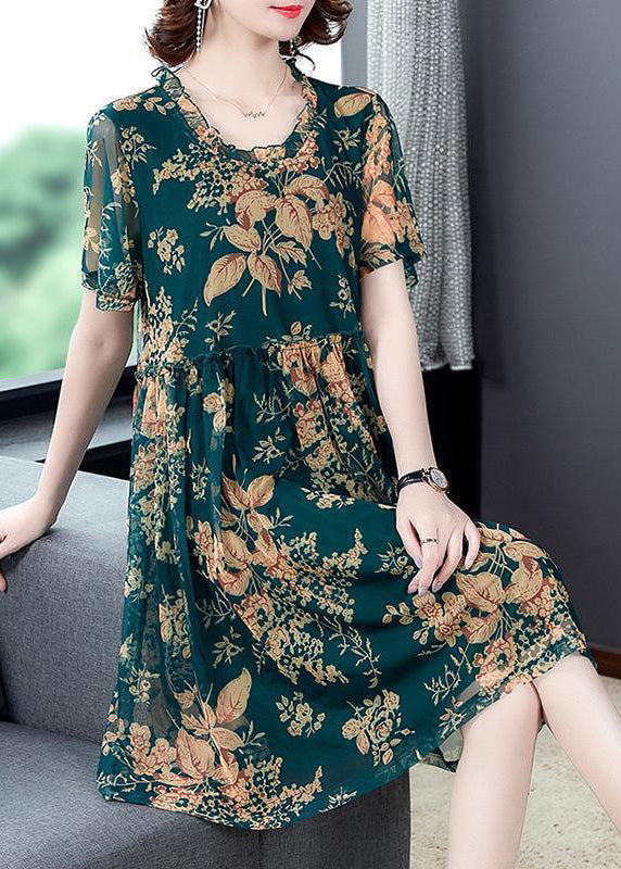 Italian Green O-Neck Print Holiday Long Dress Summer LY1781 - fabuloryshop