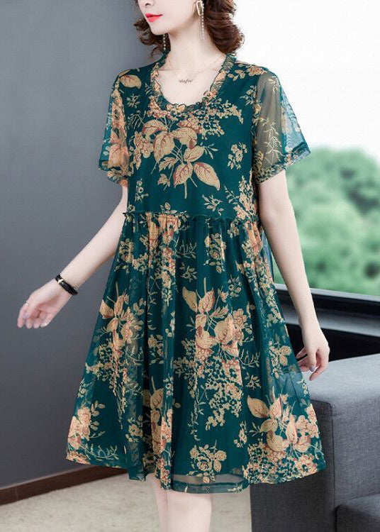 Italian Green O-Neck Print Holiday Long Dress Summer LY1781 - fabuloryshop