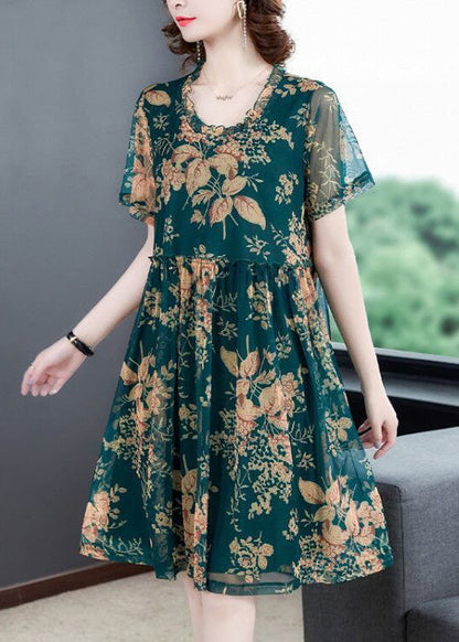 Italian Green O-Neck Print Holiday Long Dress Summer LY1781 - fabuloryshop