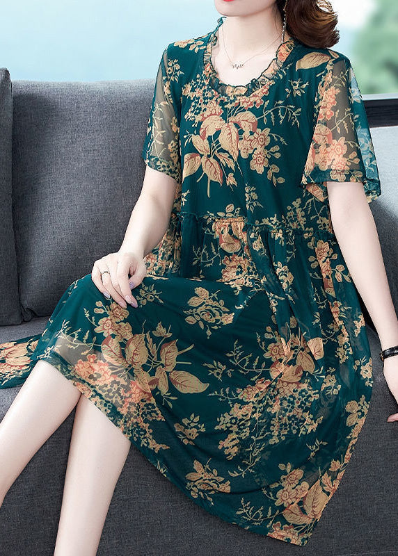 Italian Green O-Neck Print Holiday Long Dress Summer LY1781 - fabuloryshop