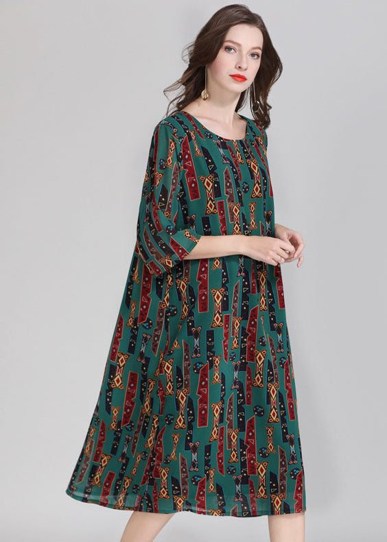 Italian Green O Neck Print Patchwork Chiffon Dress Summer Ada Fashion