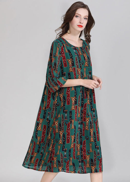 Italian Green O Neck Print Patchwork Chiffon Dress Summer Ada Fashion