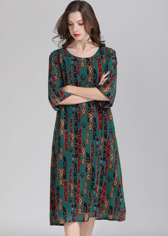 Italian Green O Neck Print Patchwork Chiffon Dress Summer Ada Fashion