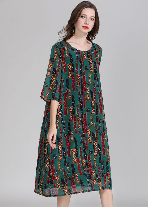Italian Green O Neck Print Patchwork Chiffon Dress Summer Ada Fashion