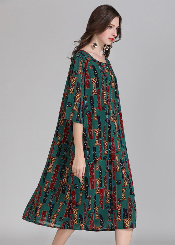 Italian Green O Neck Print Patchwork Chiffon Dress Summer Ada Fashion