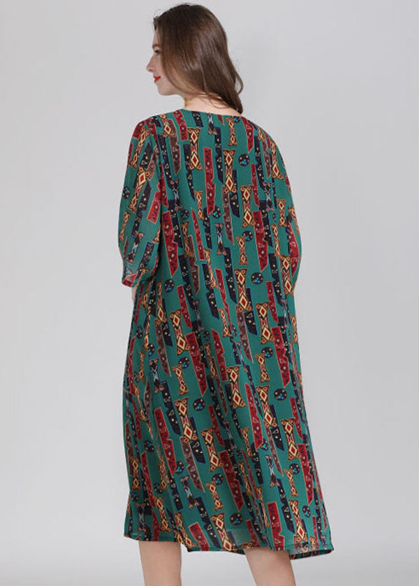 Italian Green O Neck Print Patchwork Chiffon Dress Summer Ada Fashion